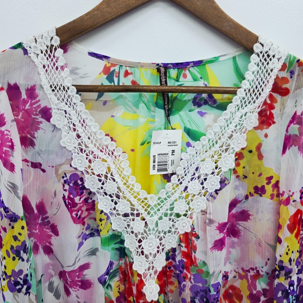 Mushka Sienna Rose Floral Crochet Tunic Sheer V-Neck Blouse M Petite Boho Artsy - Picture 10 of 15